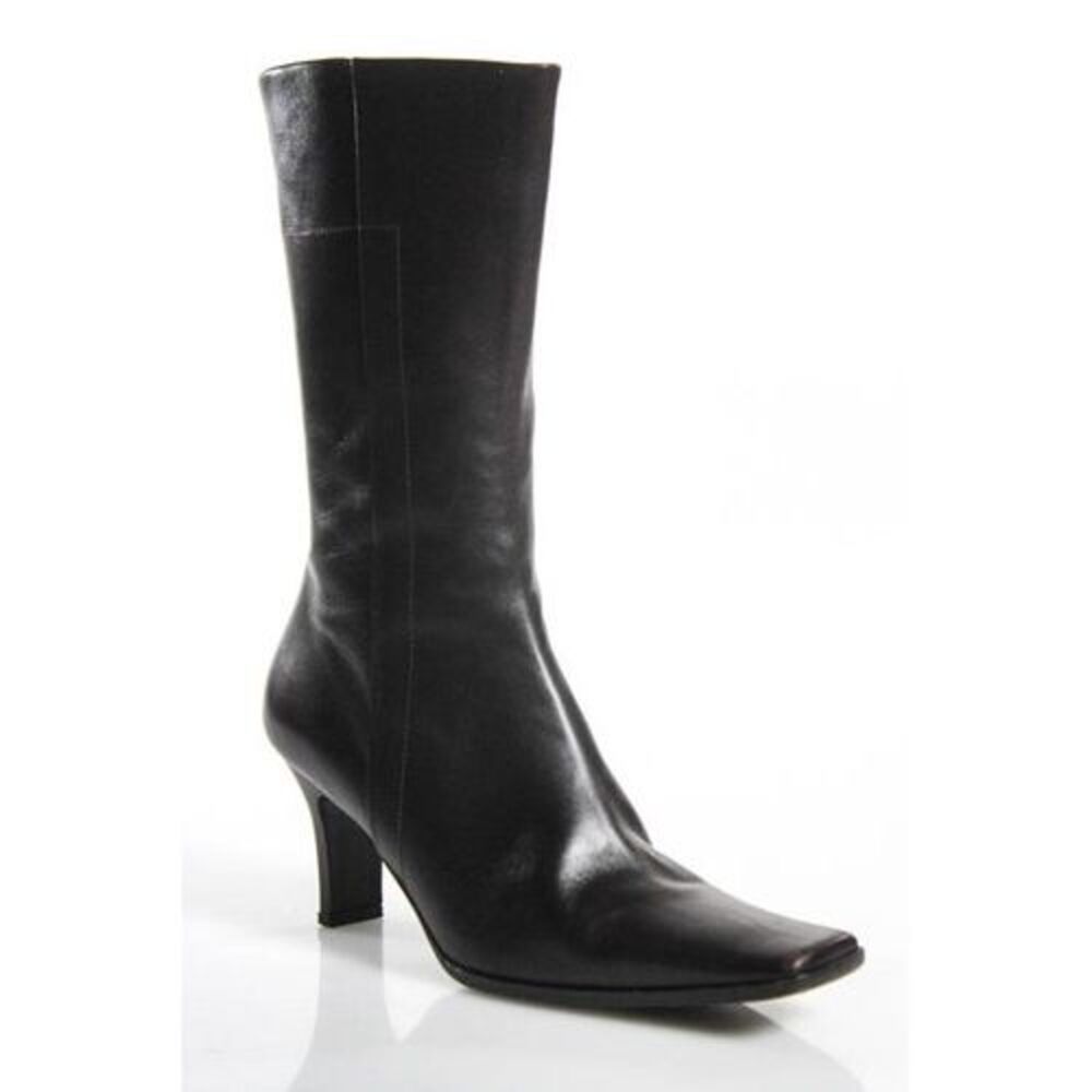 Prada Black Leather Squared Toe Mid Calf Heeled Boots Size 35.5 5.5 In Box